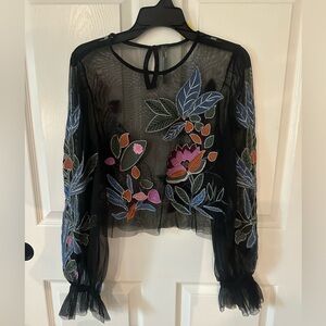 Anthropologie Embroidered Black Sheer Top in size M